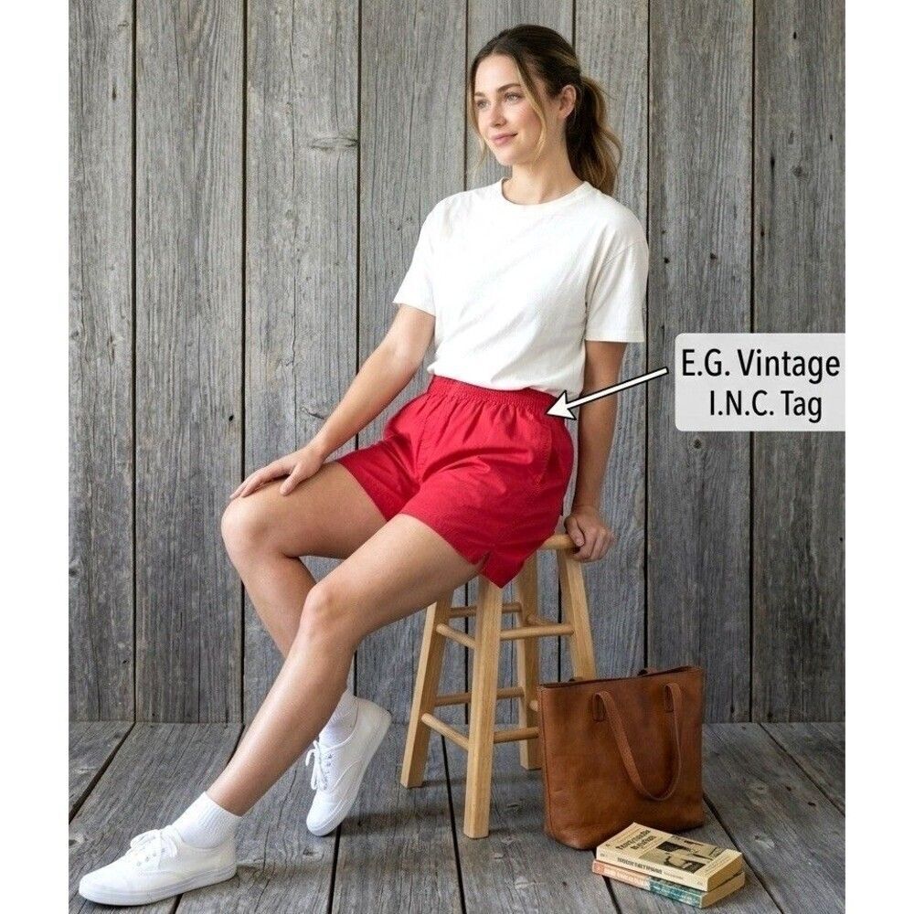 Vintage Red Shorts L Cotton Elastic Waist Retro Jorts International Concept